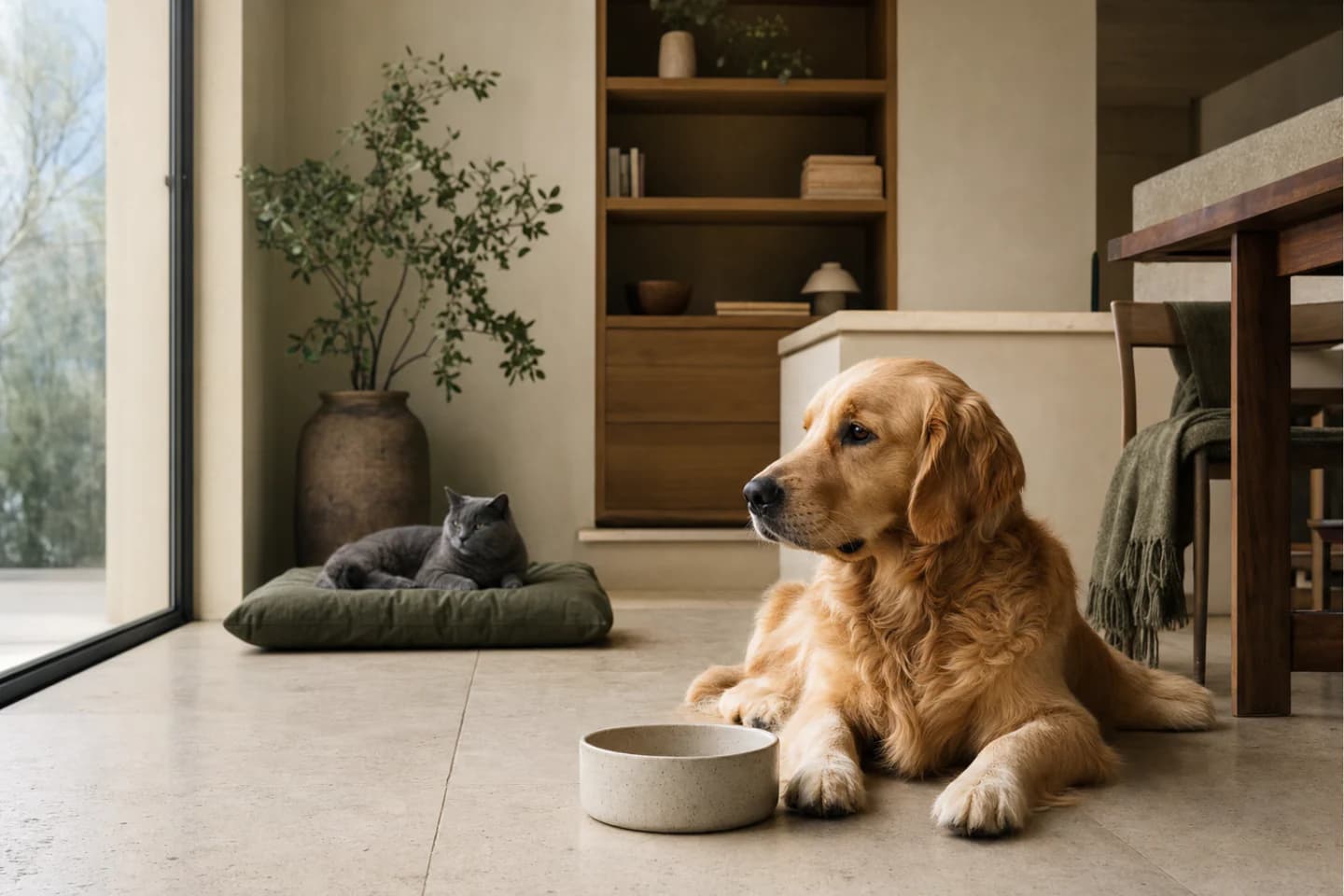 Photorealistic demo campaign visual of a golden retriever and a grey cat in a refined home.